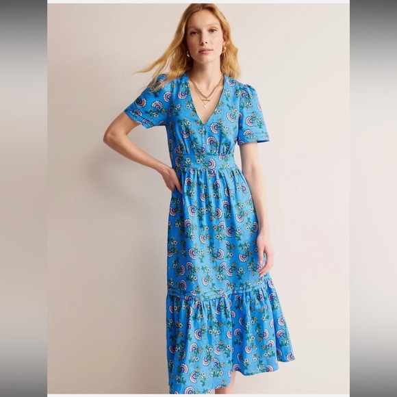 Boden Eve Linen Midi Dress Boho Preppy Blue Botanical Bunch Size 6R - Picture 1 of 16